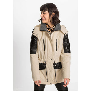 Rainbow Hooded Parka with Faux Leather Details Beige UK 12-Jacket-Rainbow-Miss Bella